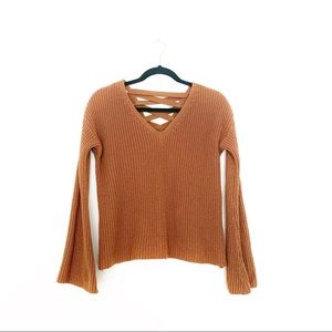 Poof Apparel Brown Laceup V-neck Sweater